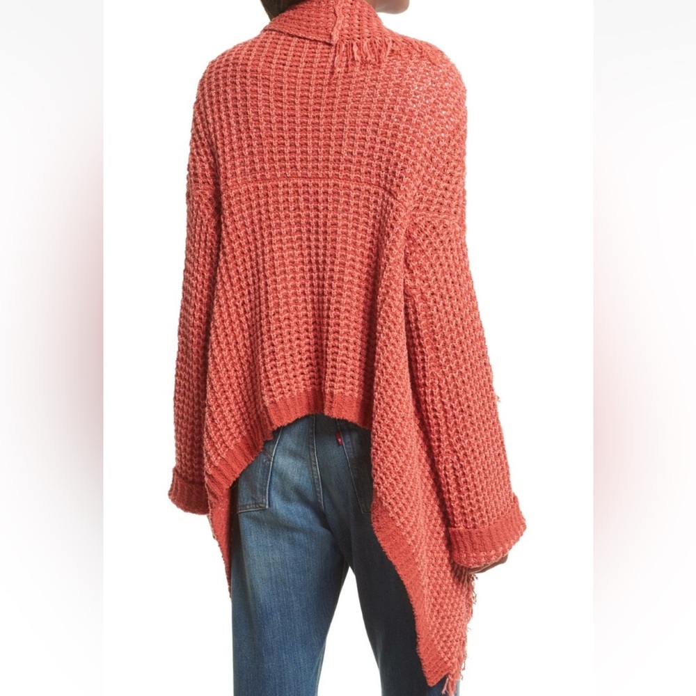 Free People I’ll Be Around Coral Orange Fringe Trim Cardigan Sweater Size S - Picture 3 of 5